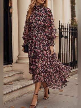 Black/Pink Floral Asymmetrical Dress